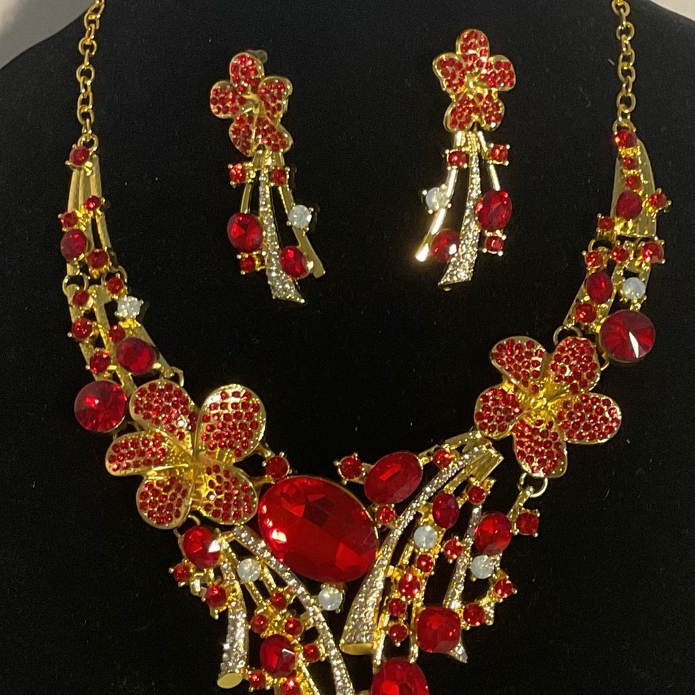 Gold-Tone Red Crystal Floral Necklace & Earring Set